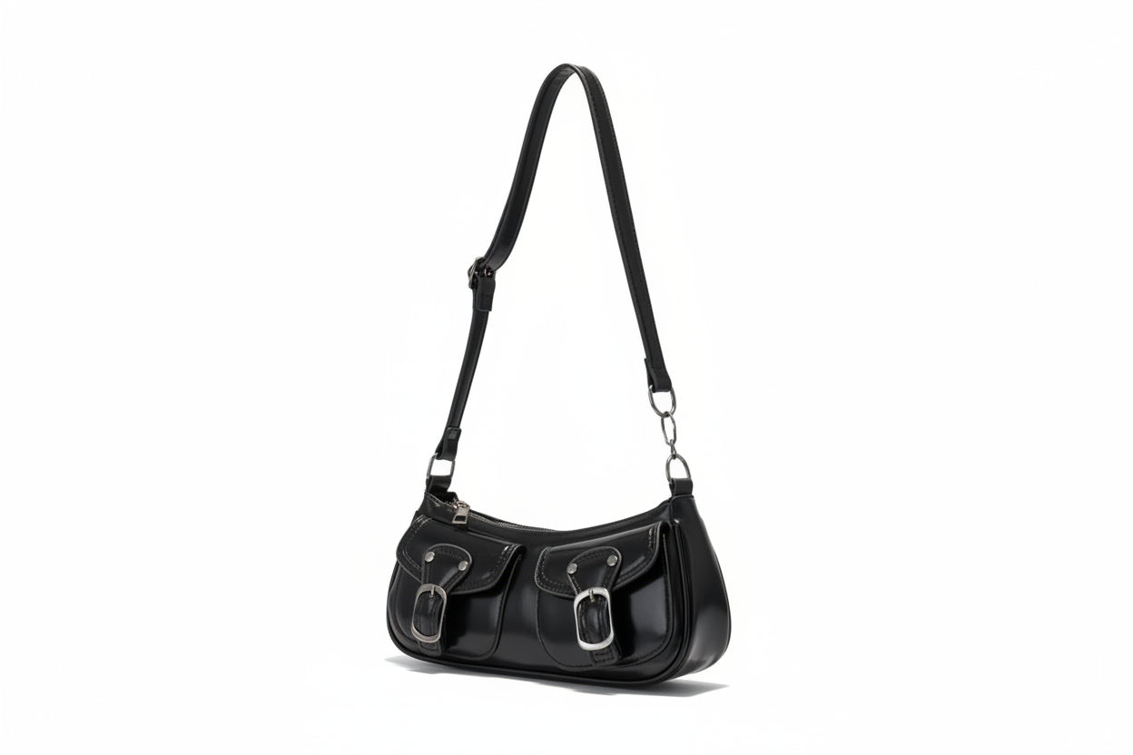 Fashion Pu Leather Women'S Shoulder Bag Small Double Pocket Design Ladies Underarm Bags Y2K Vintage Female Handbags Clutch Purse