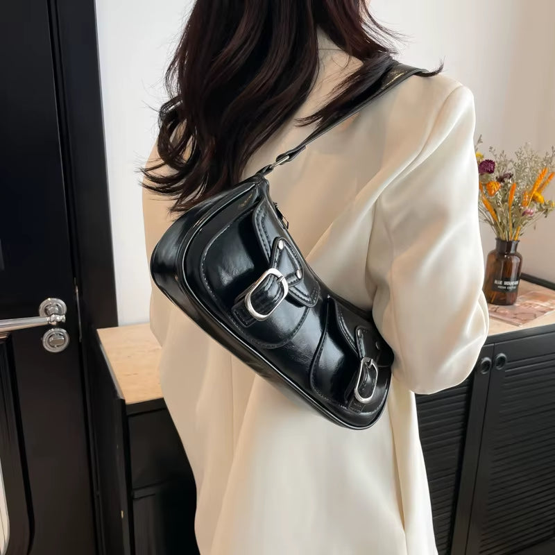Fashion Pu Leather Women'S Shoulder Bag Small Double Pocket Design Ladies Underarm Bags Y2K Vintage Female Handbags Clutch Purse