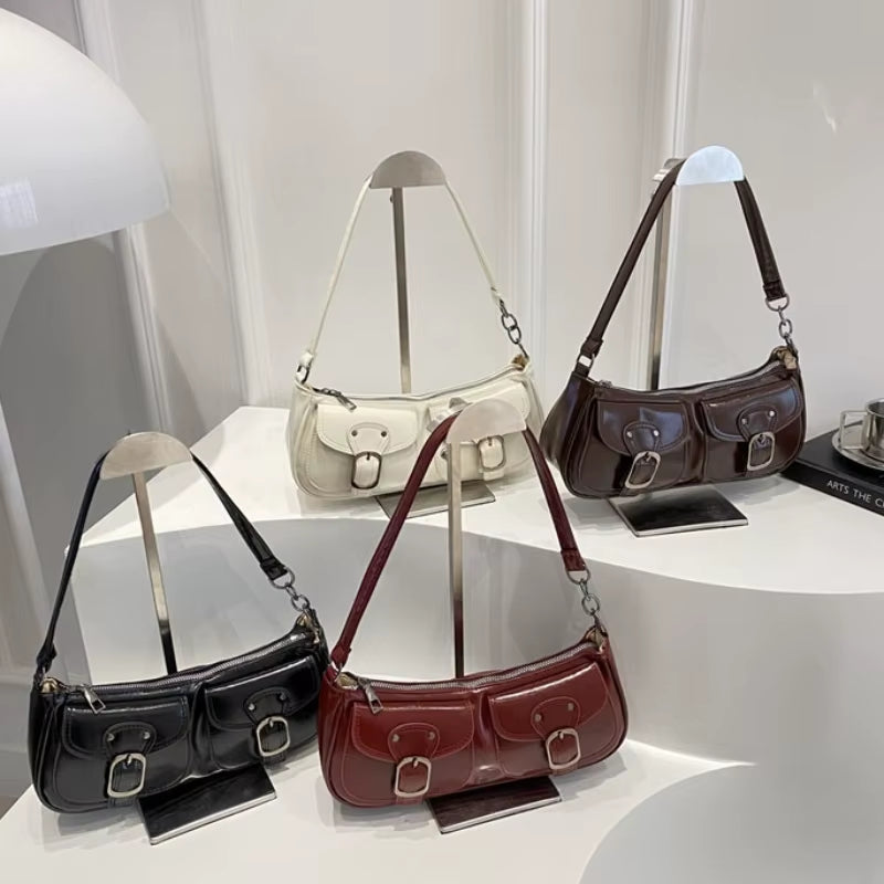Fashion Pu Leather Women'S Shoulder Bag Small Double Pocket Design Ladies Underarm Bags Y2K Vintage Female Handbags Clutch Purse