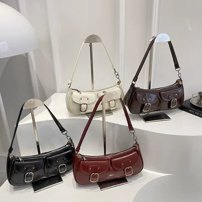 Fashion Pu Leather Women'S Shoulder Bag Small Double Pocket Design Ladies Underarm Bags Y2K Vintage Female Handbags Clutch Purse