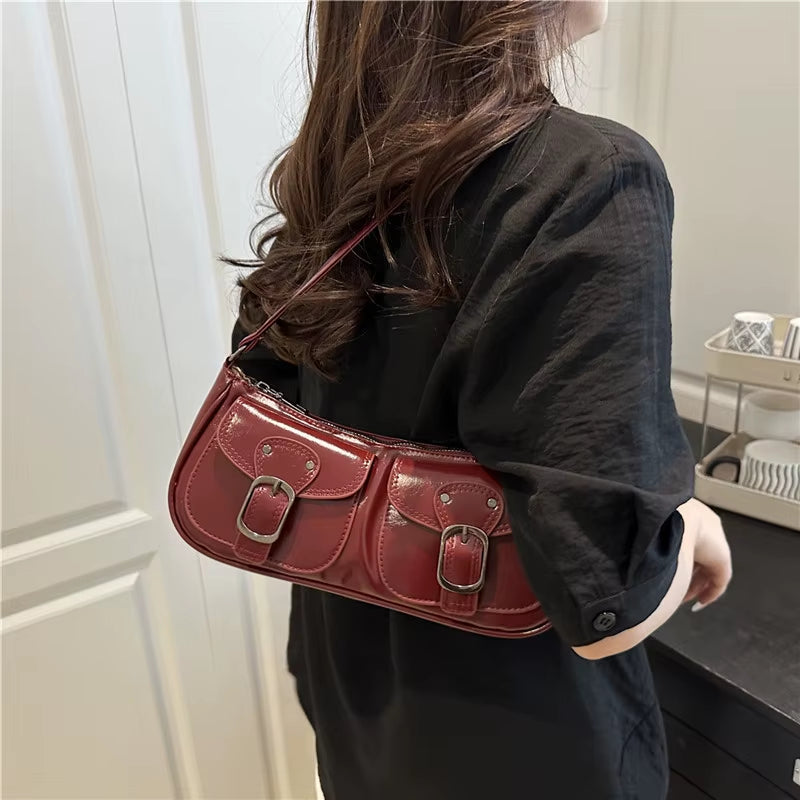 Fashion Pu Leather Women'S Shoulder Bag Small Double Pocket Design Ladies Underarm Bags Y2K Vintage Female Handbags Clutch Purse