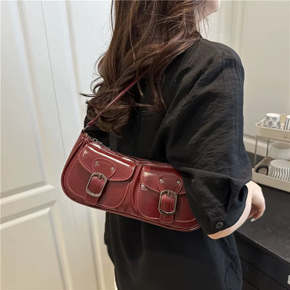Fashion Pu Leather Women'S Shoulder Bag Small Double Pocket Design Ladies Underarm Bags Y2K Vintage Female Handbags Clutch Purse