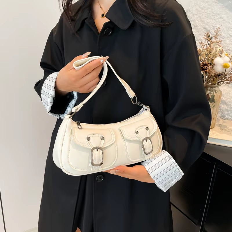 Fashion Pu Leather Women'S Shoulder Bag Small Double Pocket Design Ladies Underarm Bags Y2K Vintage Female Handbags Clutch Purse