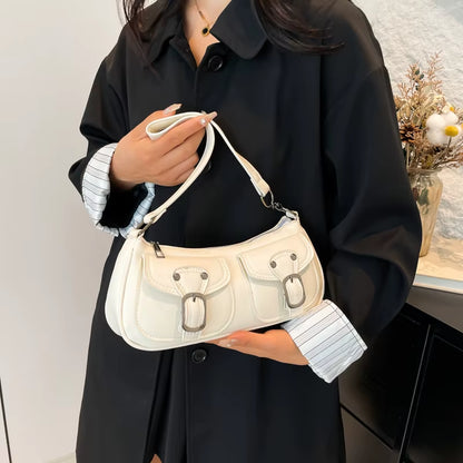 Fashion Pu Leather Women'S Shoulder Bag Small Double Pocket Design Ladies Underarm Bags Y2K Vintage Female Handbags Clutch Purse