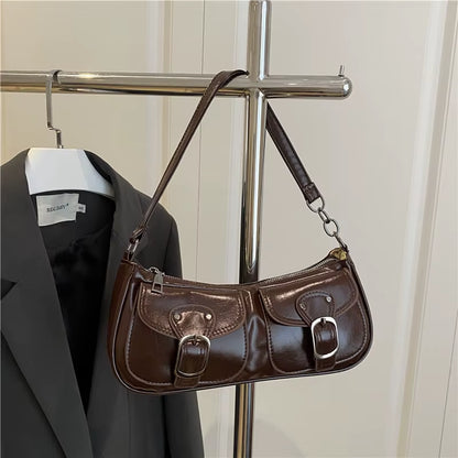 Fashion Pu Leather Women'S Shoulder Bag Small Double Pocket Design Ladies Underarm Bags Y2K Vintage Female Handbags Clutch Purse