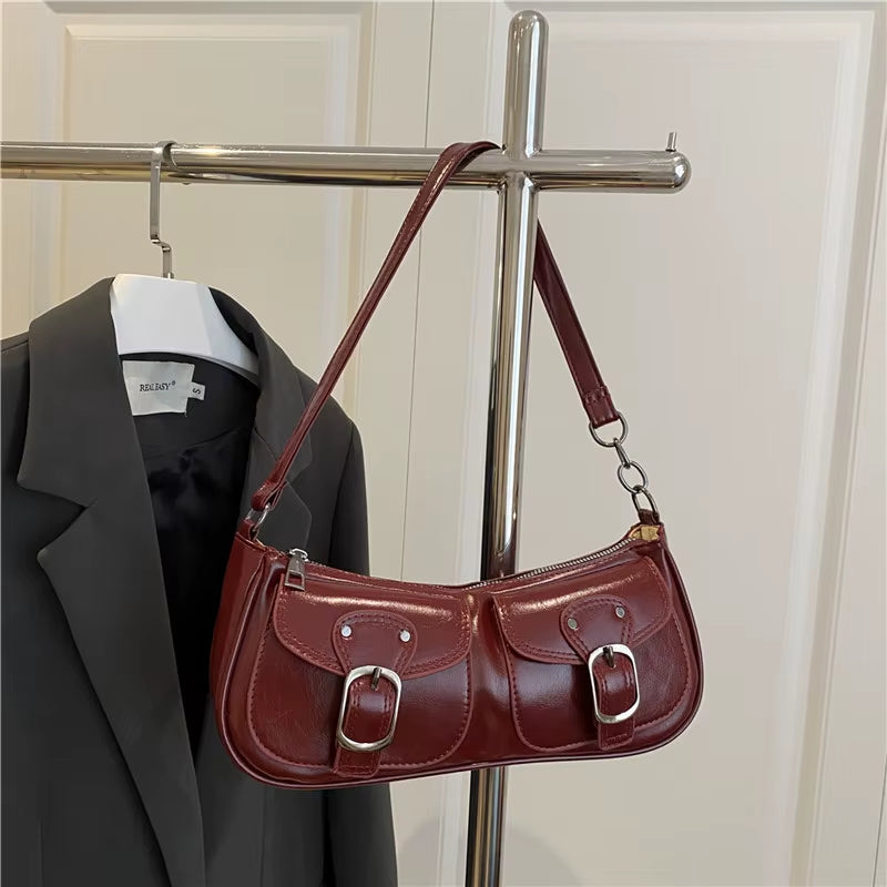 Fashion Pu Leather Women'S Shoulder Bag Small Double Pocket Design Ladies Underarm Bags Y2K Vintage Female Handbags Clutch Purse