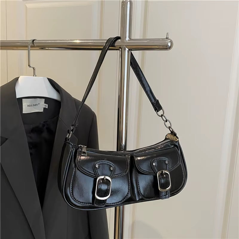 Fashion Pu Leather Women'S Shoulder Bag Small Double Pocket Design Ladies Underarm Bags Y2K Vintage Female Handbags Clutch Purse