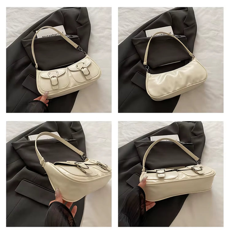 Fashion Pu Leather Women'S Shoulder Bag Small Double Pocket Design Ladies Underarm Bags Y2K Vintage Female Handbags Clutch Purse