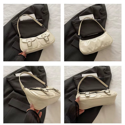 Fashion Pu Leather Women'S Shoulder Bag Small Double Pocket Design Ladies Underarm Bags Y2K Vintage Female Handbags Clutch Purse