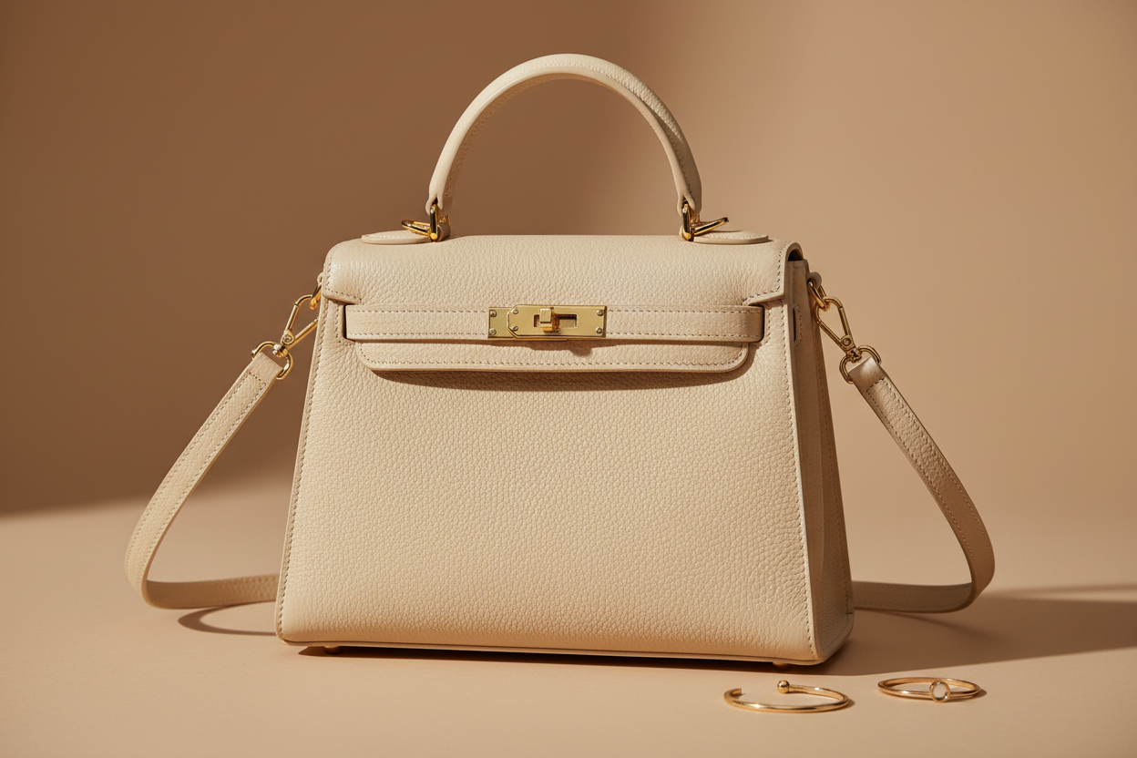 “Luxury women’s leather handbag on neutral background, soft lighting, high-end fashion e-commerce style, clean aesthetic”